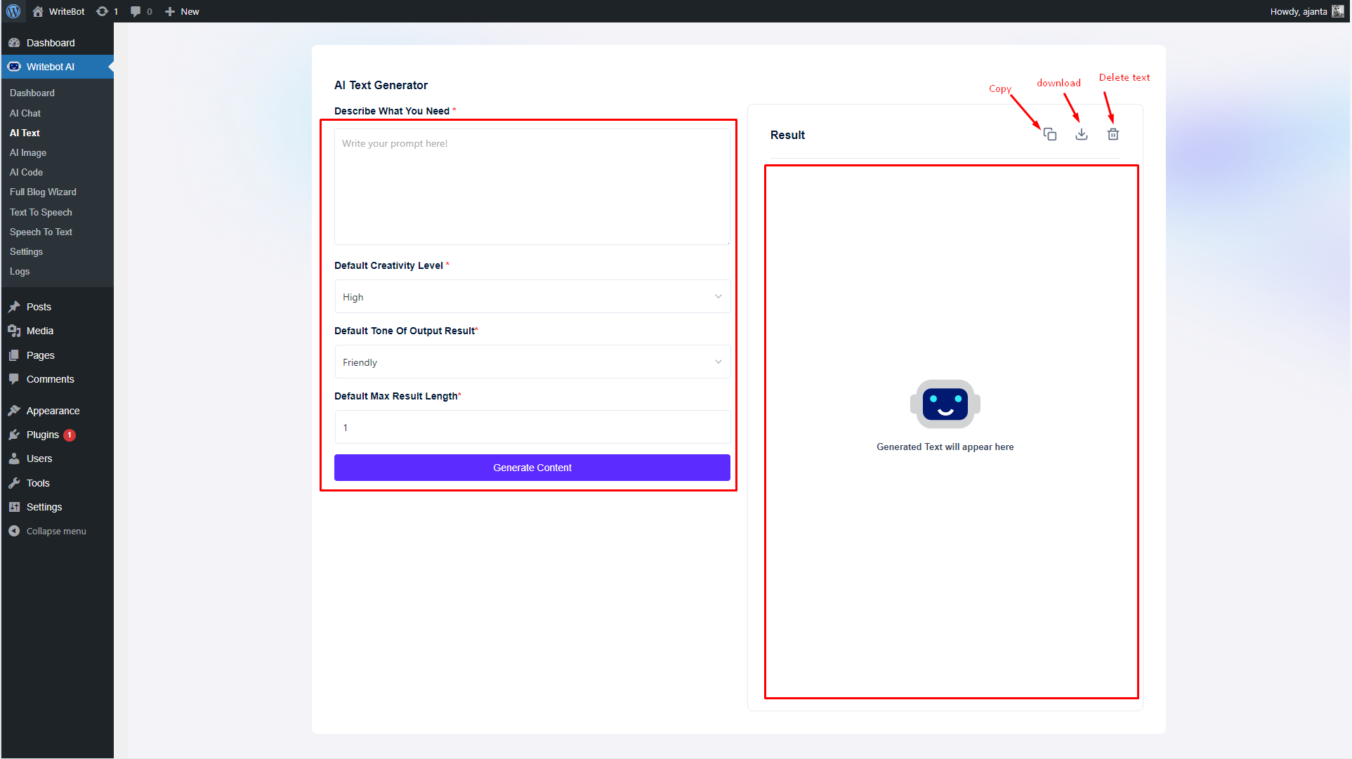 Writebot AI Text generation