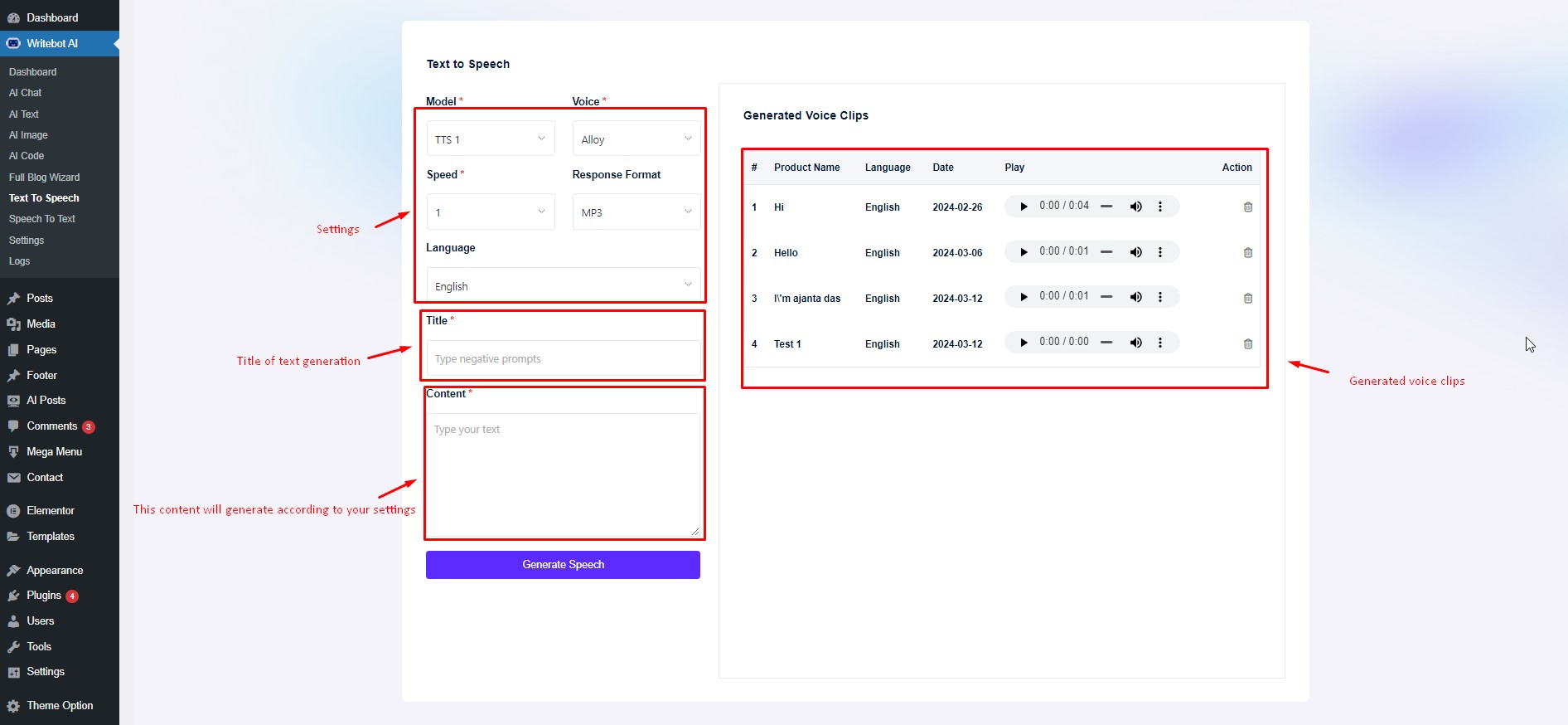 Writebot AI tts generation